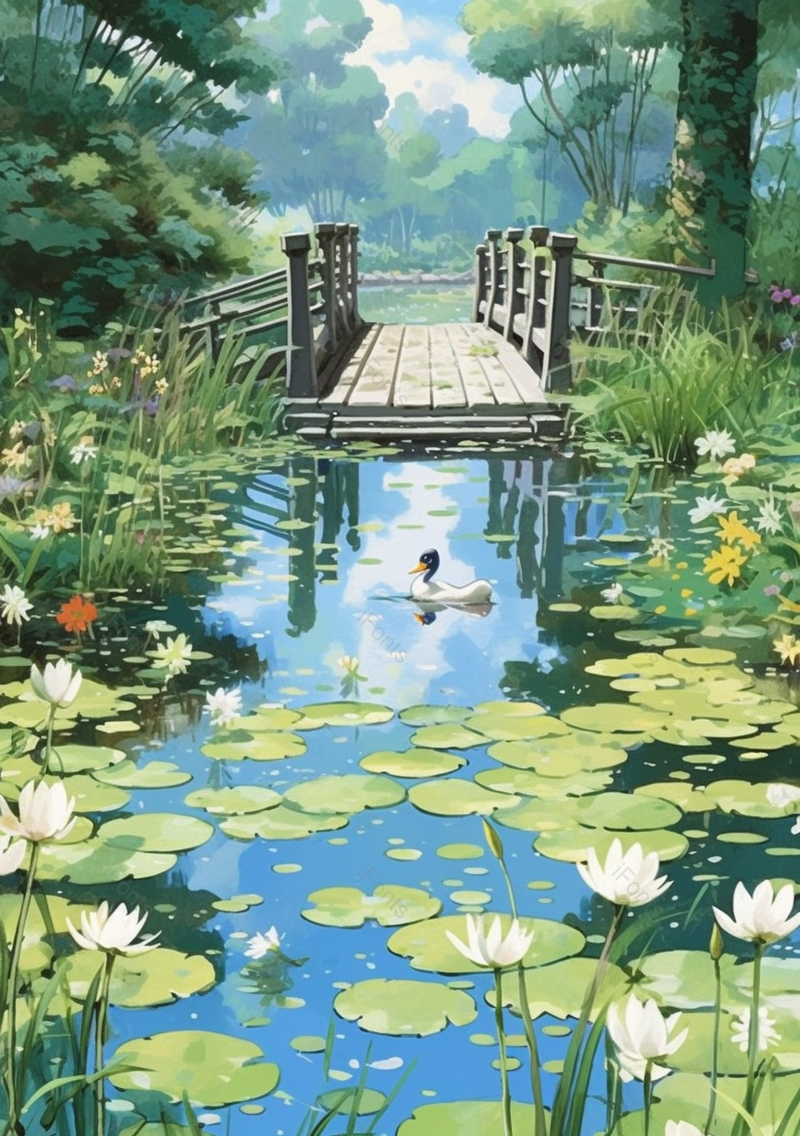 清荷莲语安静的池塘边风景插画,插画/手绘图,插画/手绘图库,插画/手绘图下载,插画/手绘